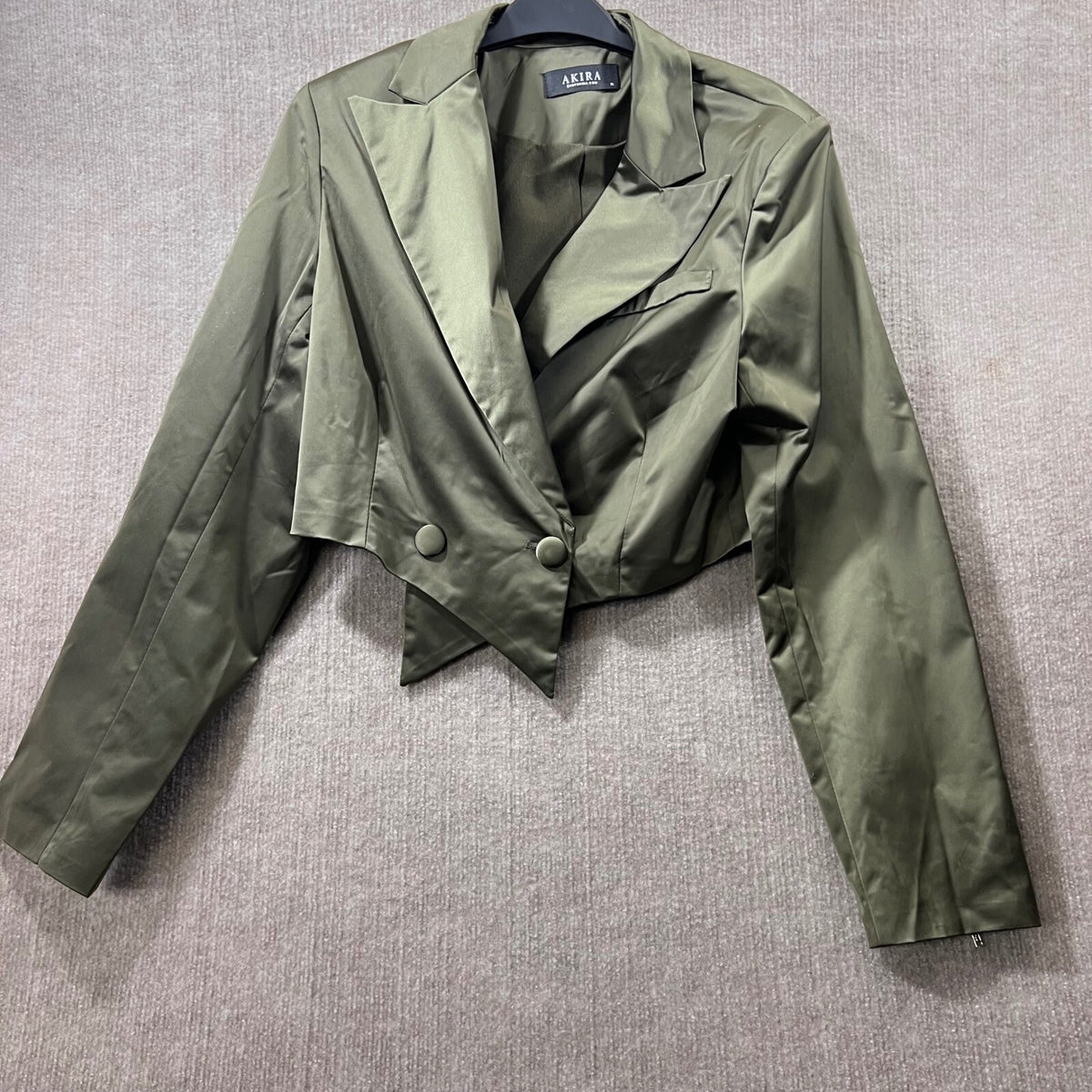 AKIRA Olive Satin Cropped Double Breasted Jacket Pants Suit Set XL ZIp Cuff