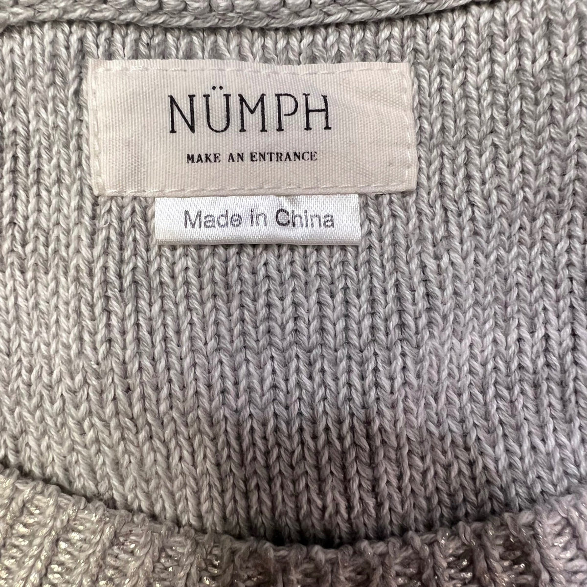 NUMPH Natalie Cable Knit Sweater Light Grey Metallic Sparkle Size M
