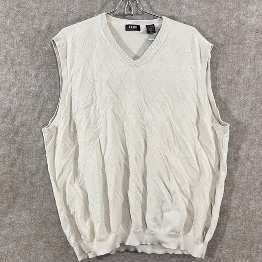 IZOD Sweater Vest Mens XXL Cream Argyle Diamond Textured Knit Preppy Minimalist