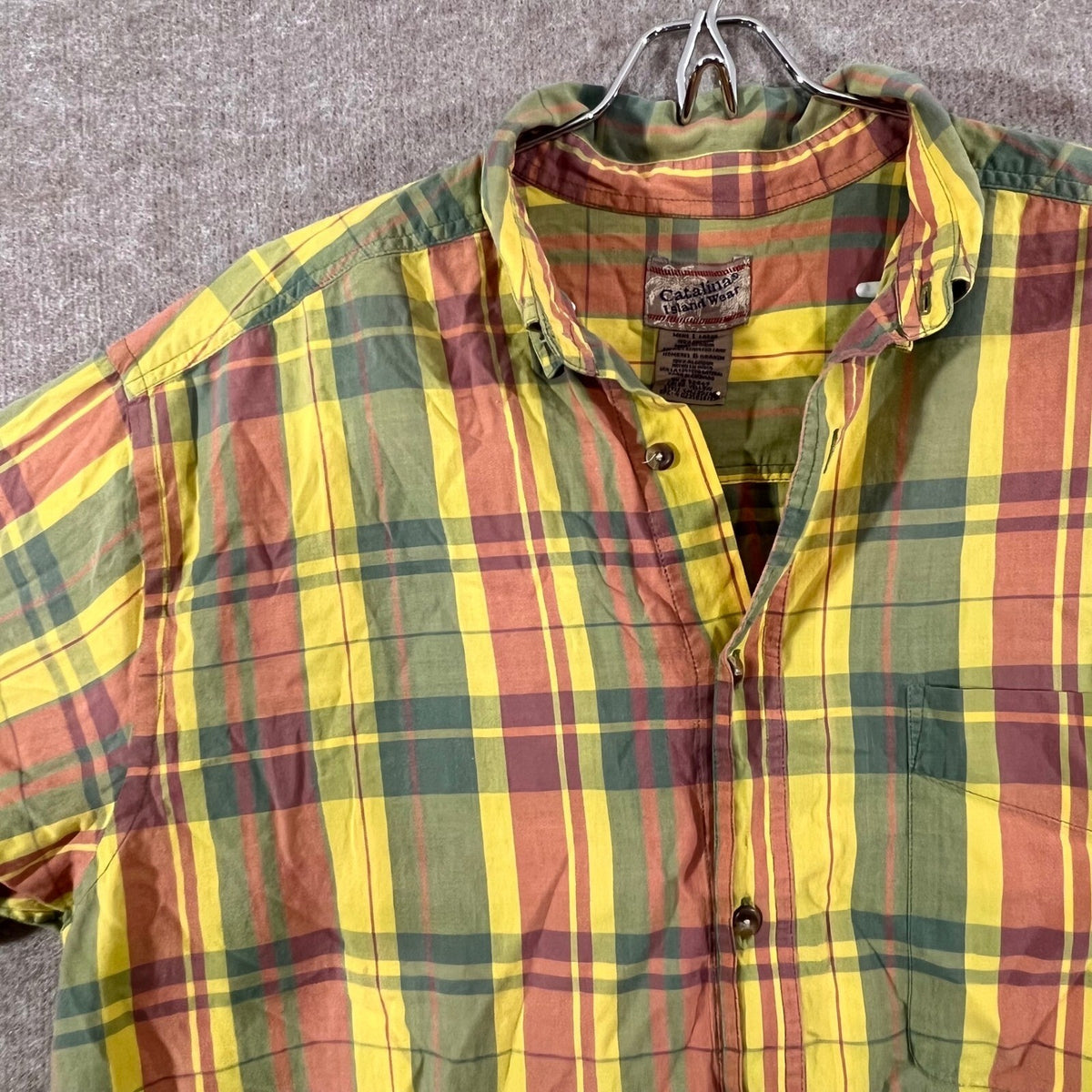 Catalina Island Wear Button Down Shirt Men Large Plaid Yellow Cotton Beachy Boho