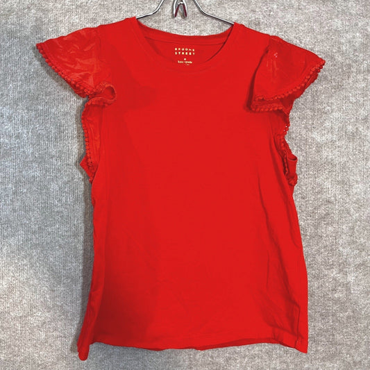 Kate Spade Broome Street Top Womens Small Red Ruffle Sleeve Pom Pom Trim Tee