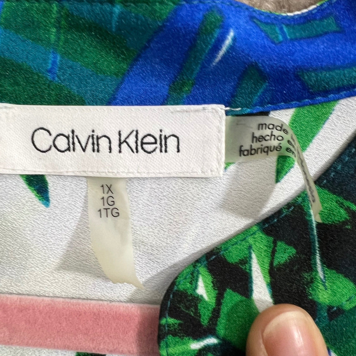 Calvin Klein 1X Palm Print Button Down Blouse Green Blue Tropical Vacation