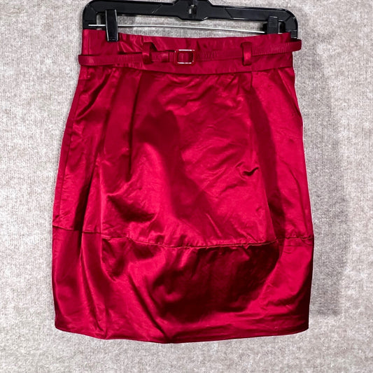 Theory Red Satin Pencil Skirt Size 6 Knee Length Belted Career Chic