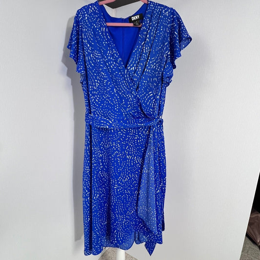 DKNY Dress 20W Blue White Abstract Print Faux Wrap Flutter Sleeve Midi Career
