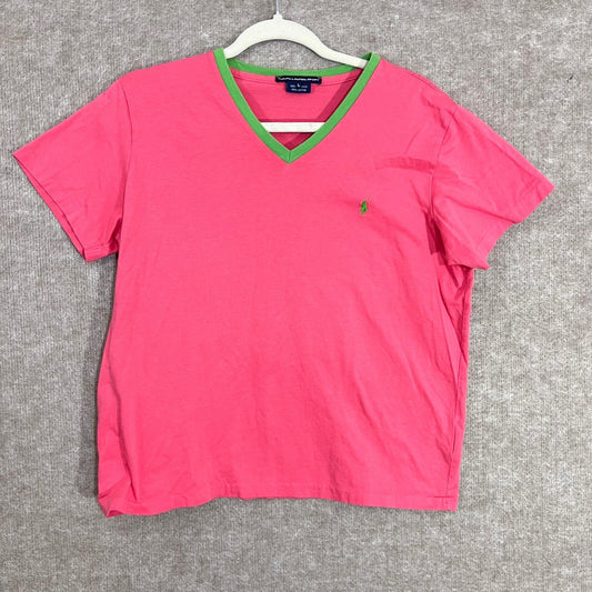 Y2K Ralph Lauren Sport T Shirt Womens L Pink Green V Neck Preppy Minimalist
