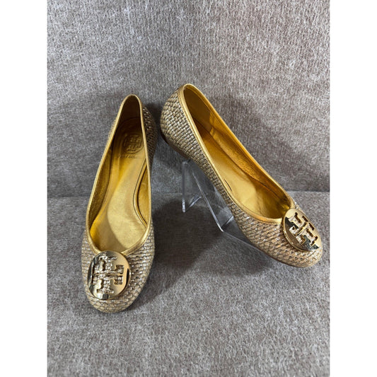 Tory Burch Reva Ballet Flats Womens 7M Gold Woven Raffia Logo Medallion Preppy