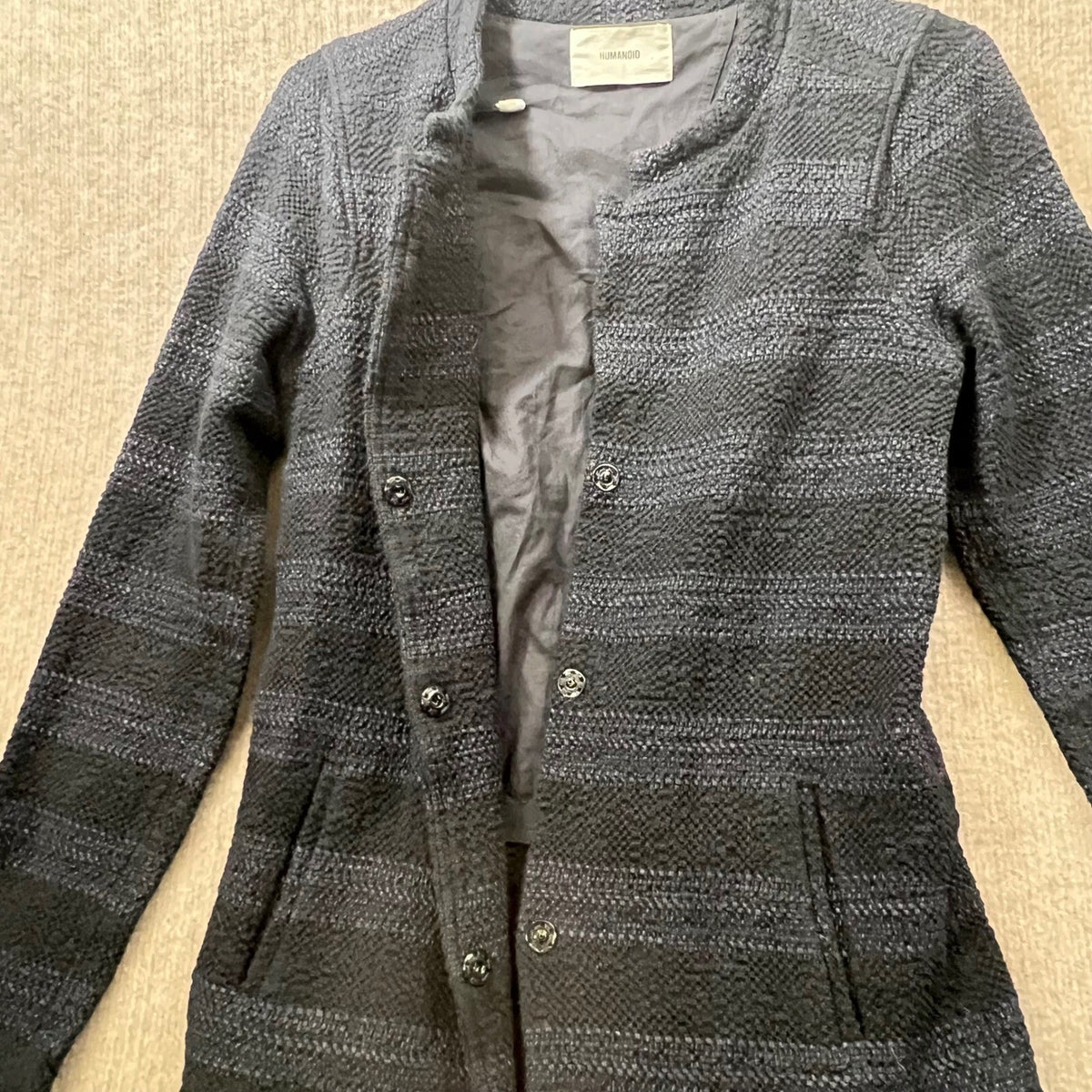HUMANOID Textured Knit Collarless Blazer Jacket Navy Blue Size XS
