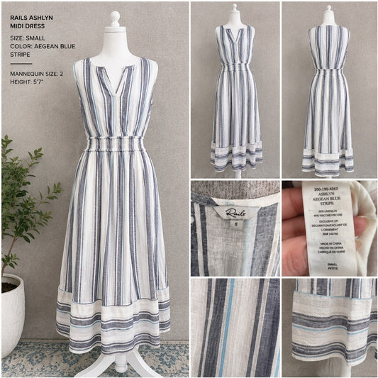 Rails Ashlyn Midi Dress Womens Small Aegean Blue Stripe Linen Blend Coastal