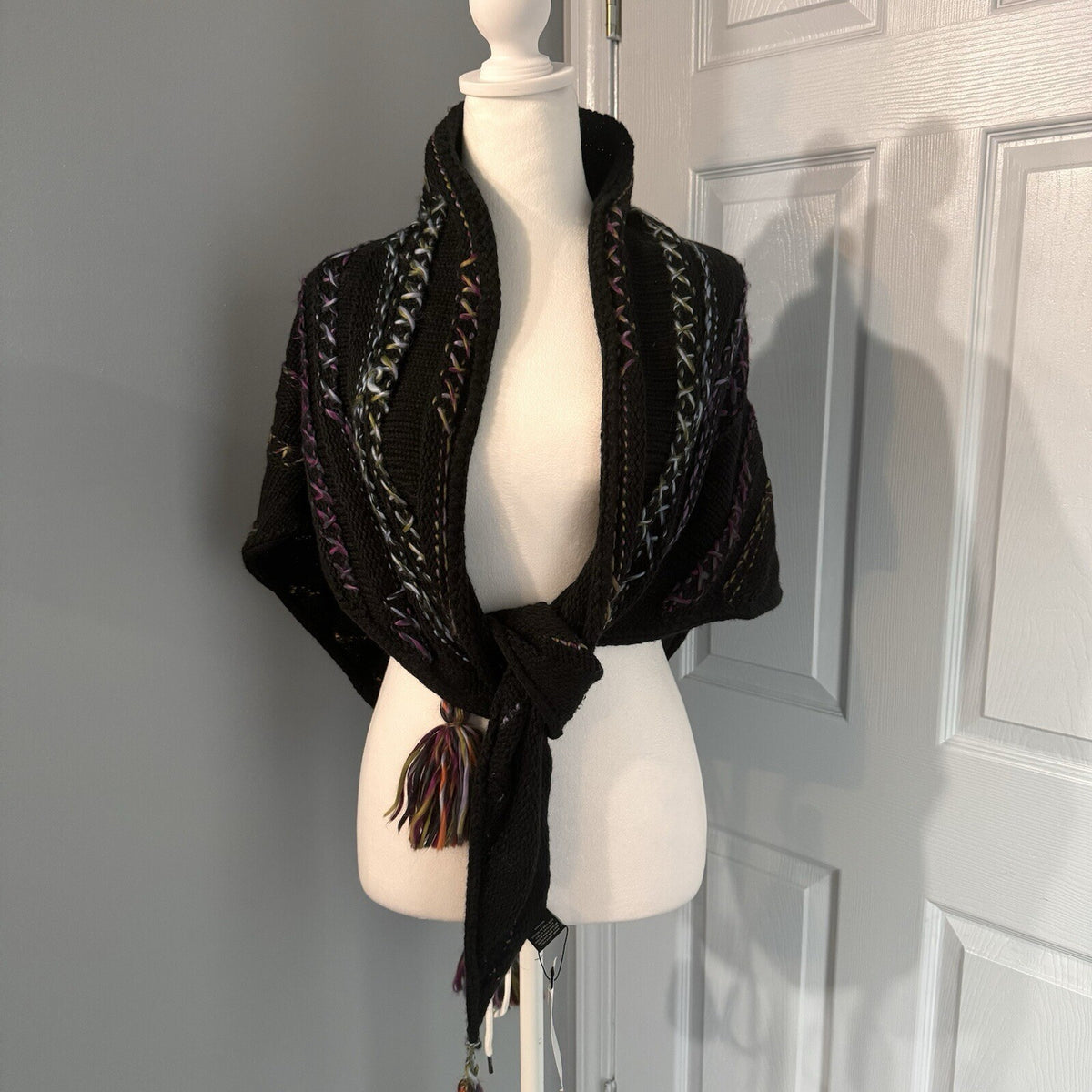 Dillard's One Size Dark Rainbow Tasselled Knit Shawl | Boho Fairygoth | NWT