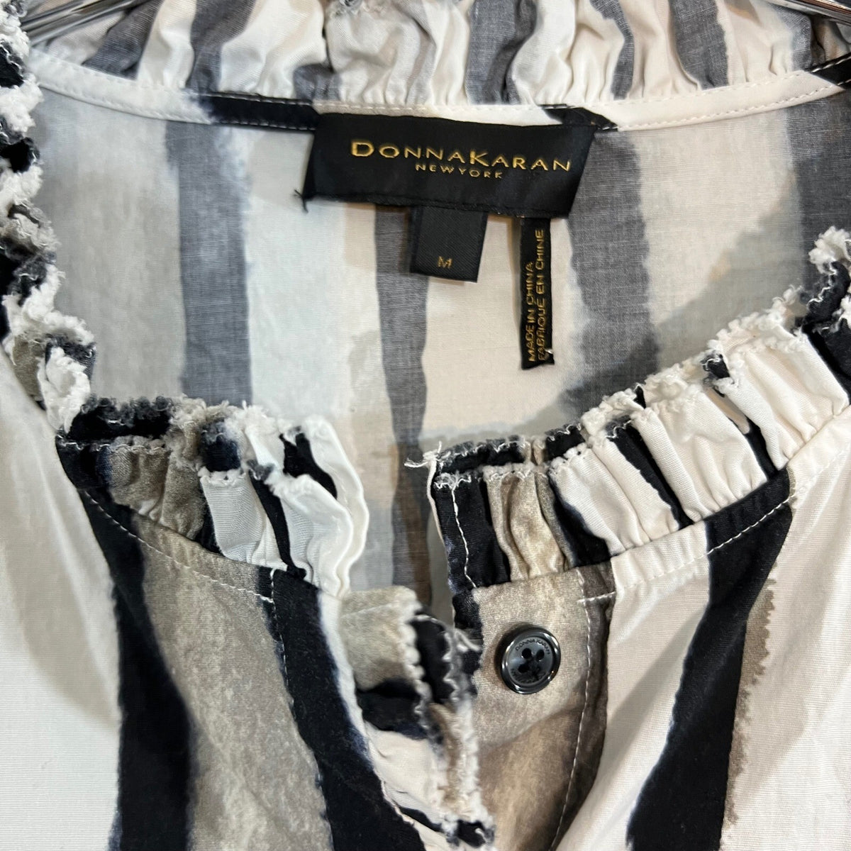 Donna Karan New York Button Down Shirt Womens Medium Abstract Stripe Ruffle