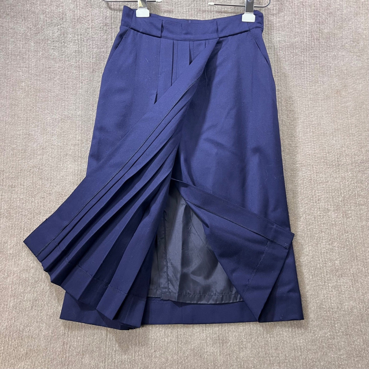 Les Copains Blue Wool Pleated Lined Midi Skirt Slit Pockets Made in Italy Size 2