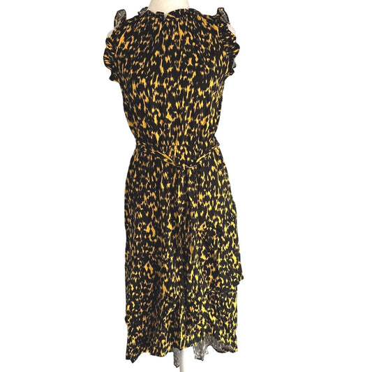 NWT Who What Wear Womens Textured Animal Print Ruffle Dress XS 4 Black Gold Midi