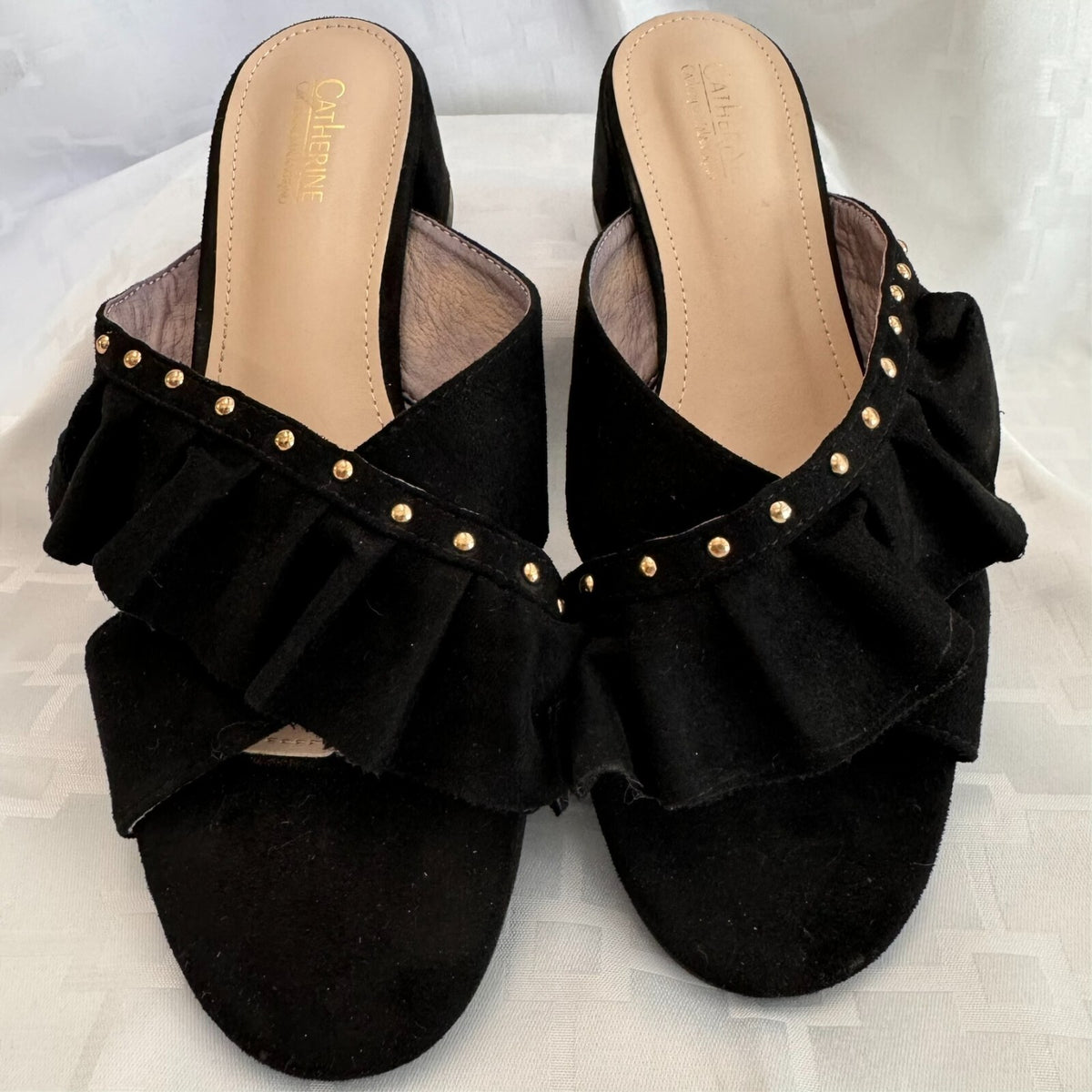 Catherine Malandrino Azaria Mules Women 8.5 Black Faux Suede Ruffle Studded Chic