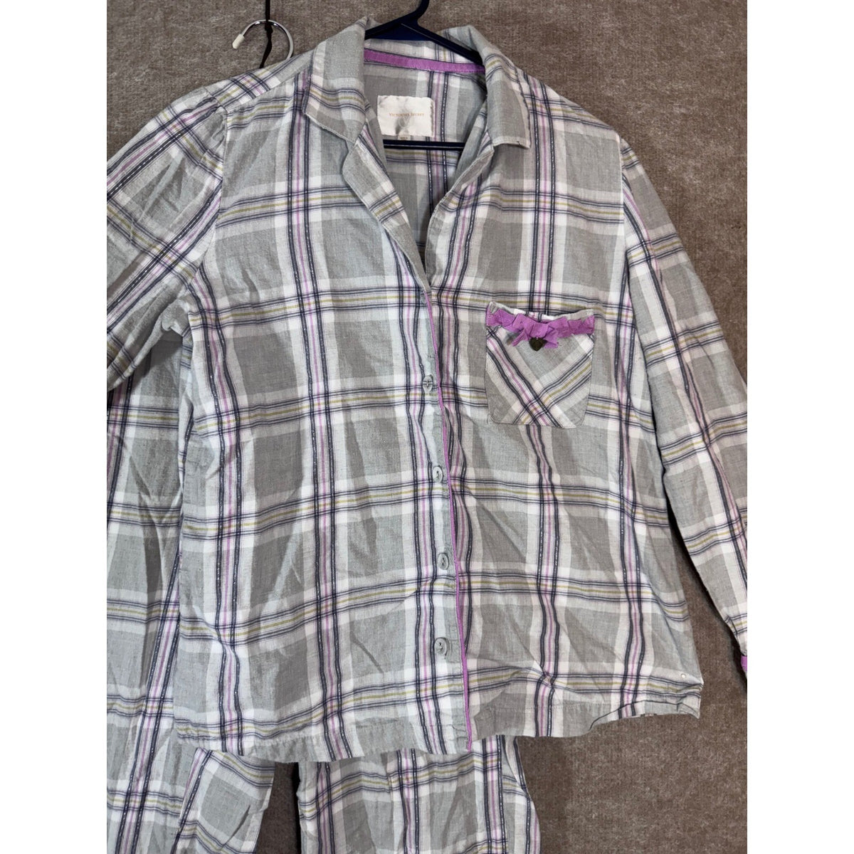 Vintage Victoria's Secret Pajama Set M Gray Plaid Ruffle Trim Cotton Sleepwear