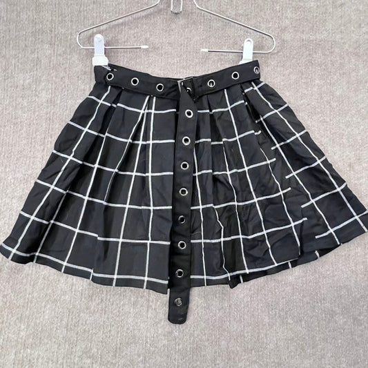Hot Topic Black Grid Print Pleated Skirt with Belt Detail - Size Small