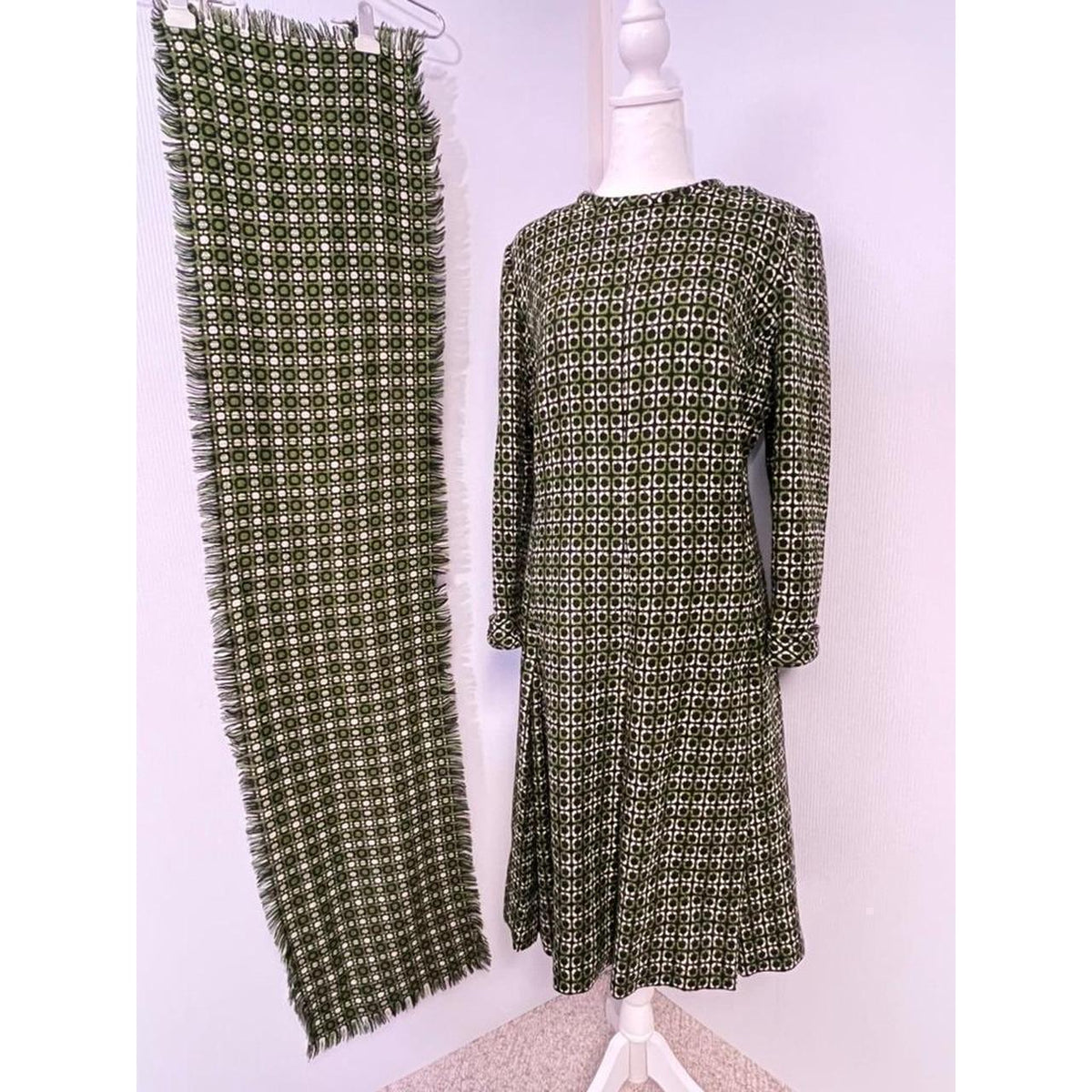 Vintage Green Mod Geo Print Long Sleeve Dress S-M Matching Scarf Retro 60 Style