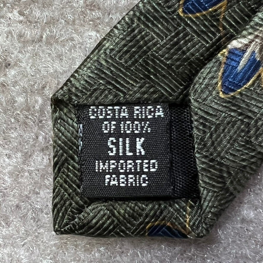Bill Blass Black Label Silk Necktie Olive Green Blue Art Deco Pattern Elegant