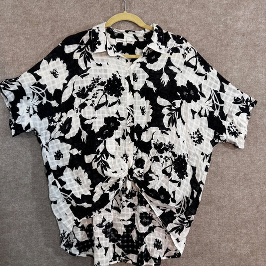 Jane De Lancey Button Up Shirt Womens XL Black Floral Tie Front Rayon Boho