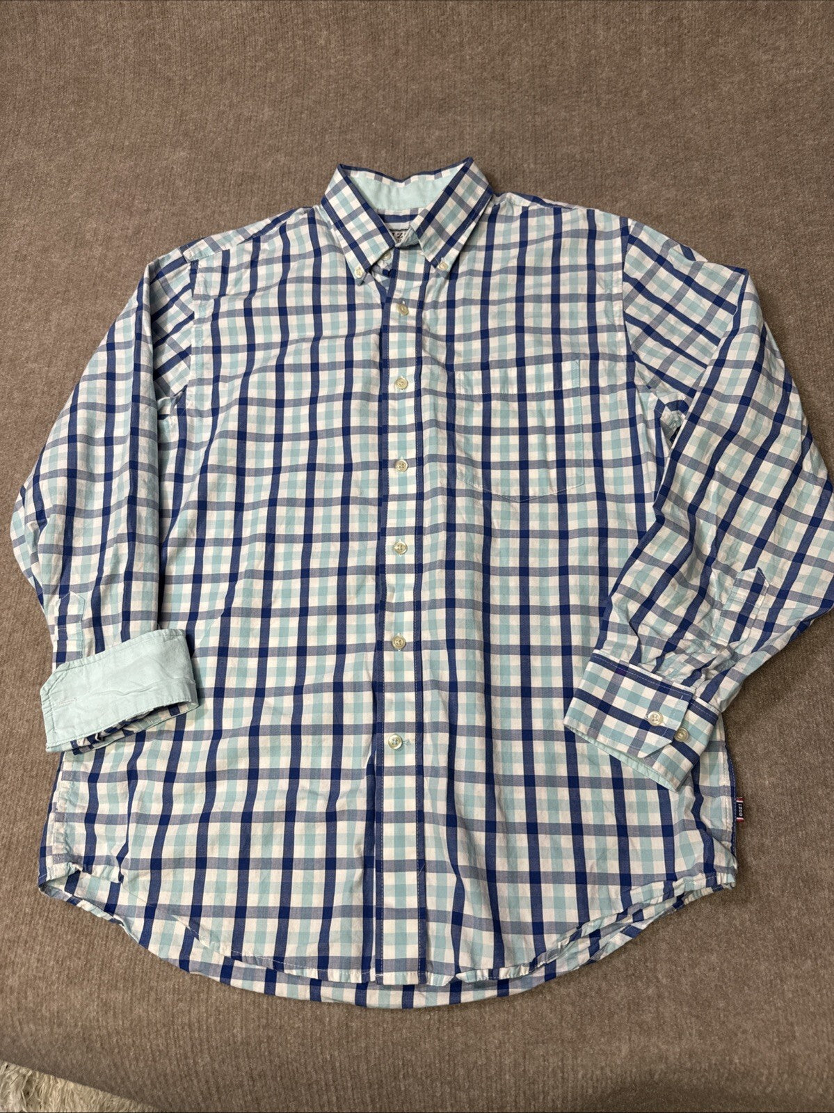 IZOD Button Down Shirt Flip Cuffs Long Sleeve Plaid Blue White Men Med Preppy