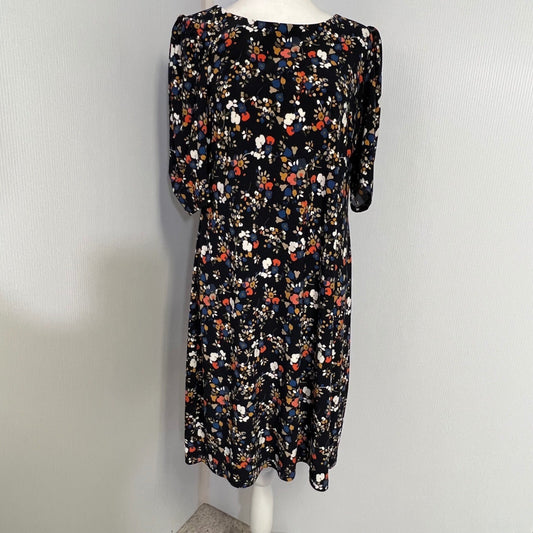 Black Floral Print Midi Dress Puff Sleeve Scoop Neck Casual Day to Night Size M