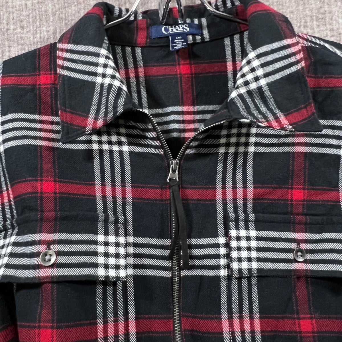 CHAPS Plaid Full Zip Flannel Shirt Jacket Red Black White L G Mens Long Sleeve