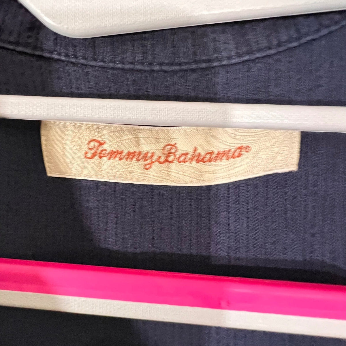 Tommy Bahama Silk Button Up Shirt Mens Large Navy Blue Textured Coastal Boho