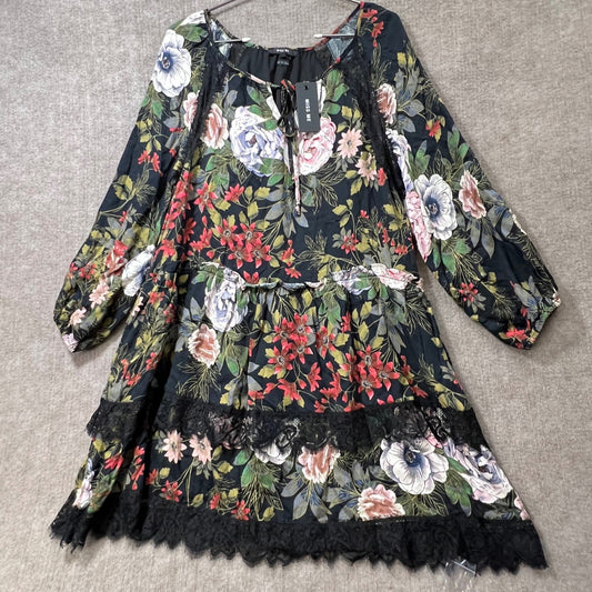 MISS ME Floral Print Lace Trim Tiered Black Long Sleeve Dress Size L