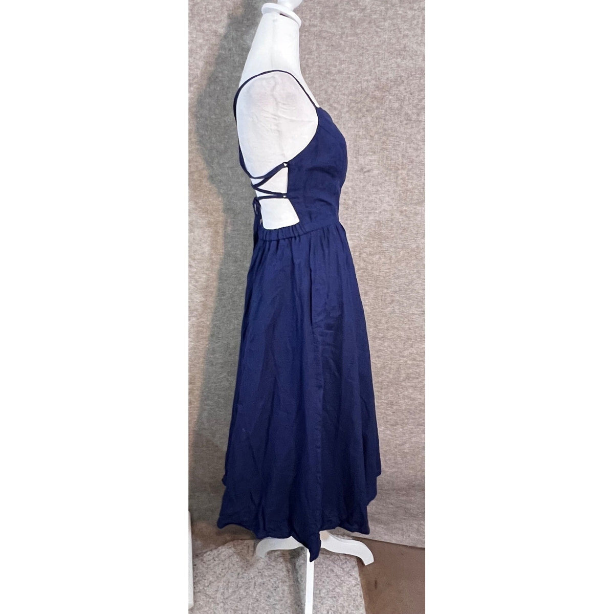 Galen Couture Dress XS - 2 Blue Laced Back Linen Blend Midi Coastal Minimalist