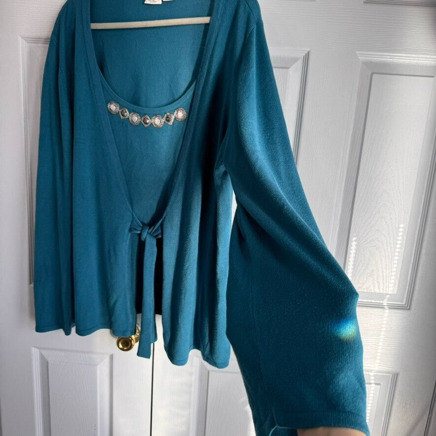 CATO Woman 26/28 Sweater with Embellished Neckline and Attached Tie Front Jacket