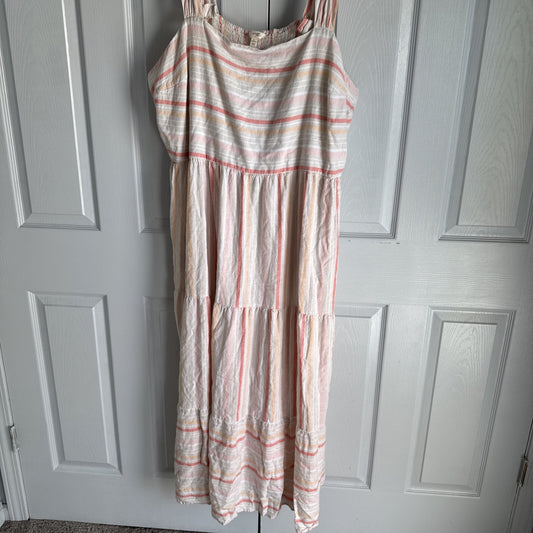 Tiered Maxi Linen Blend Sundress Peach Striped Pockets Boho 4X Ruched Country