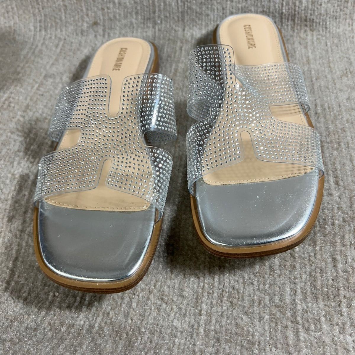 Cushionaire Rhinestone Slide Sandals Clear Silver Square Toe Flats Size 11M