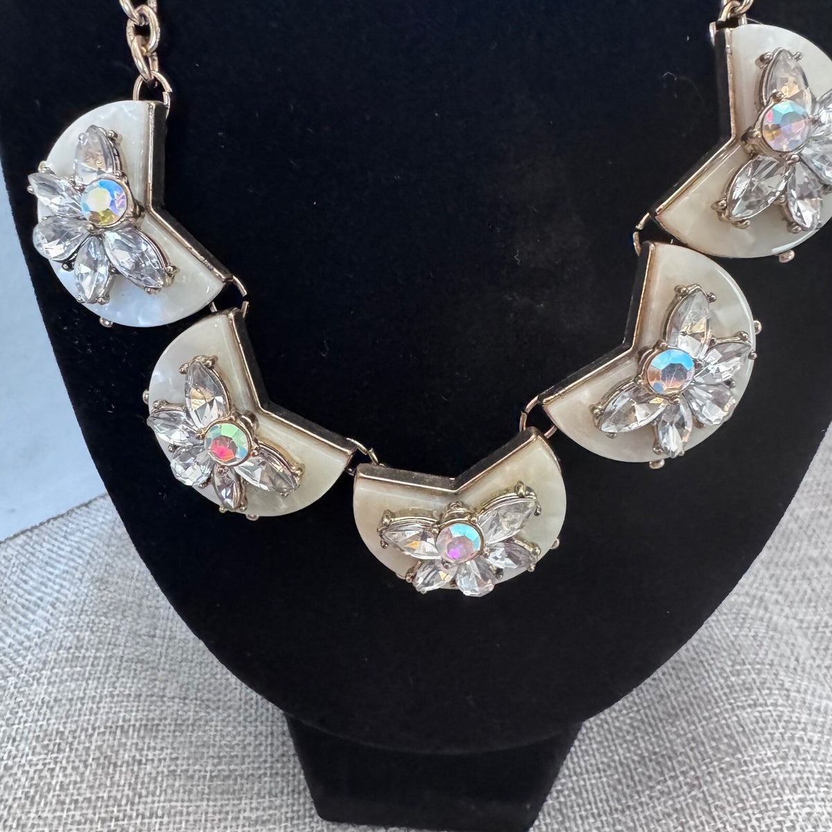Unsigned Statement Necklace Earrings Set Gold Tone AB Flower Rhinestone Jewelry