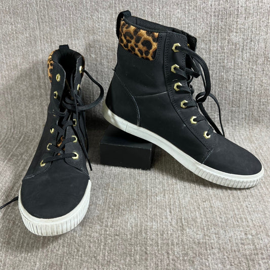 Timberland High Top Sneakers Leopard Trim Black Gold Lace Up Women's Size 10