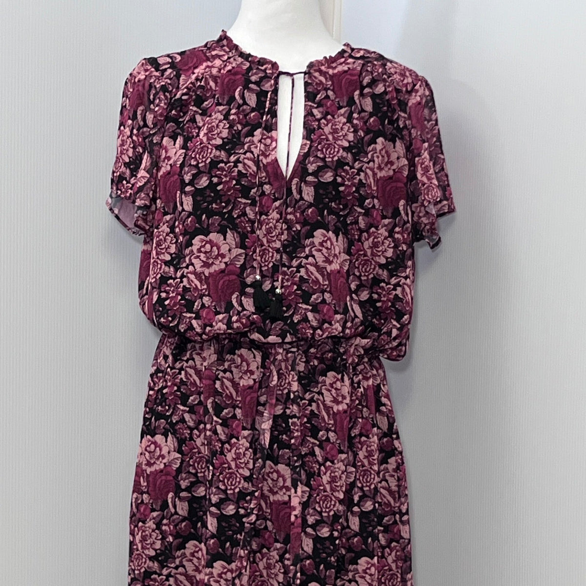 PAIGE Floral Print Midi Dress Purple Pink Black Short Sleeve Womens Size L