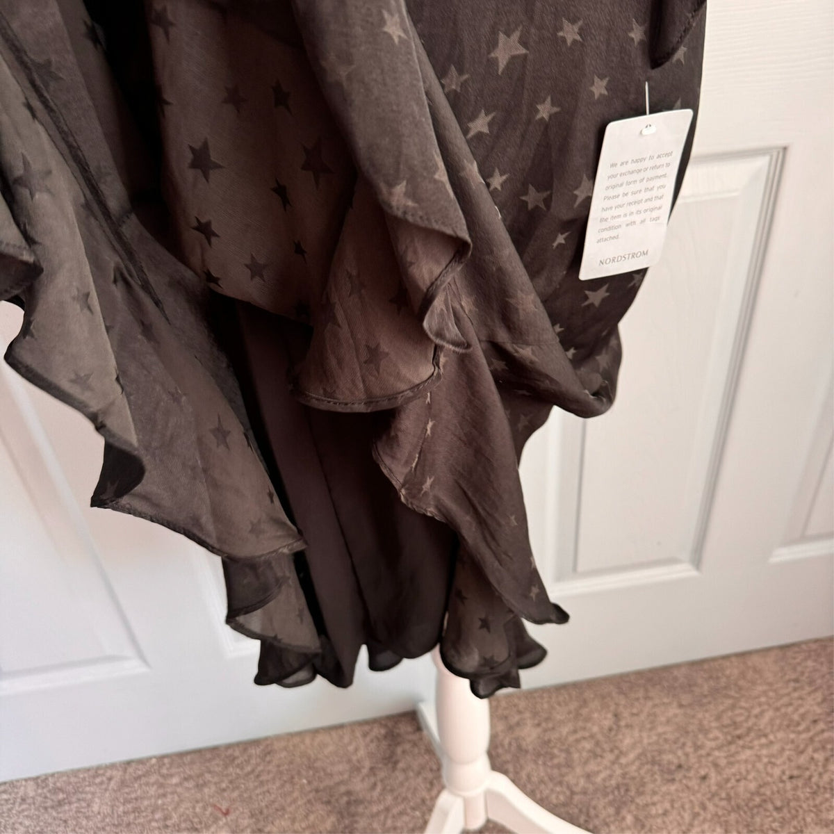 Max Studio Black Star Print Ruffle Flirty Hi-lo hem Dress Sz L Orig $138