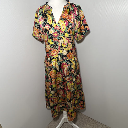 Umgee Tiered Floral Print Notched Flutter Sleeve Midi Dress Lg Boho Fairy Garden