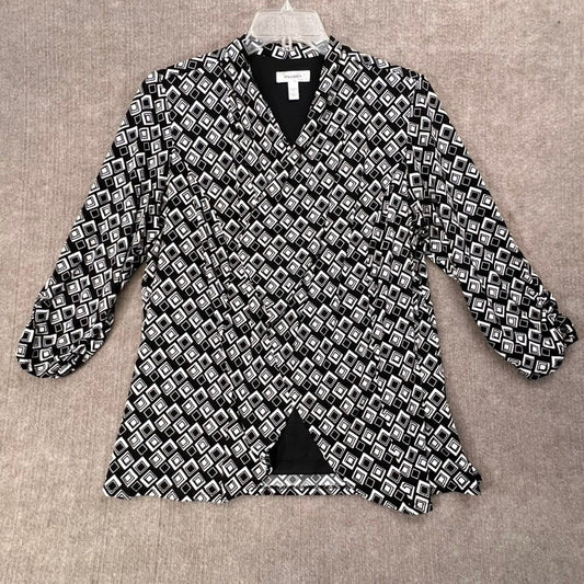 Dressbarn Woman 1X Black White Geometric Print 3/4 Sleeve Open Front Blazer