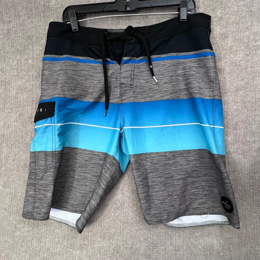 Rip Curl Men's Med Striped Board Shorts Blue Gray Drawstring Swim Trunks — READ