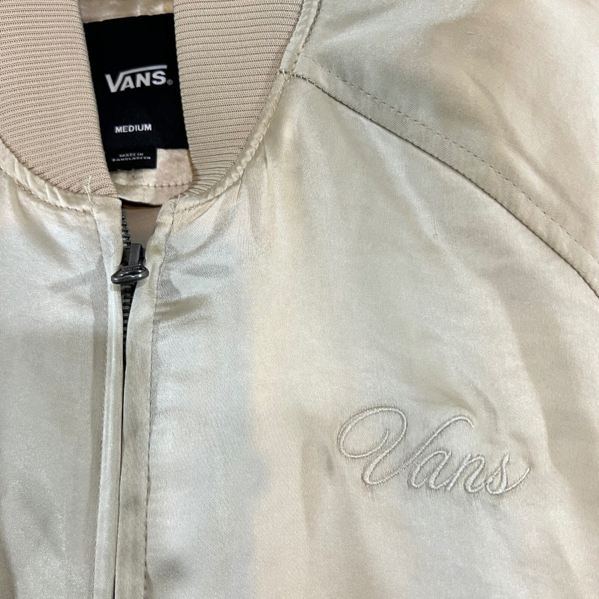 Vans Bomber Jacket Womens Medium Gold Satin Full Zip Embroidered Logo Streetwear