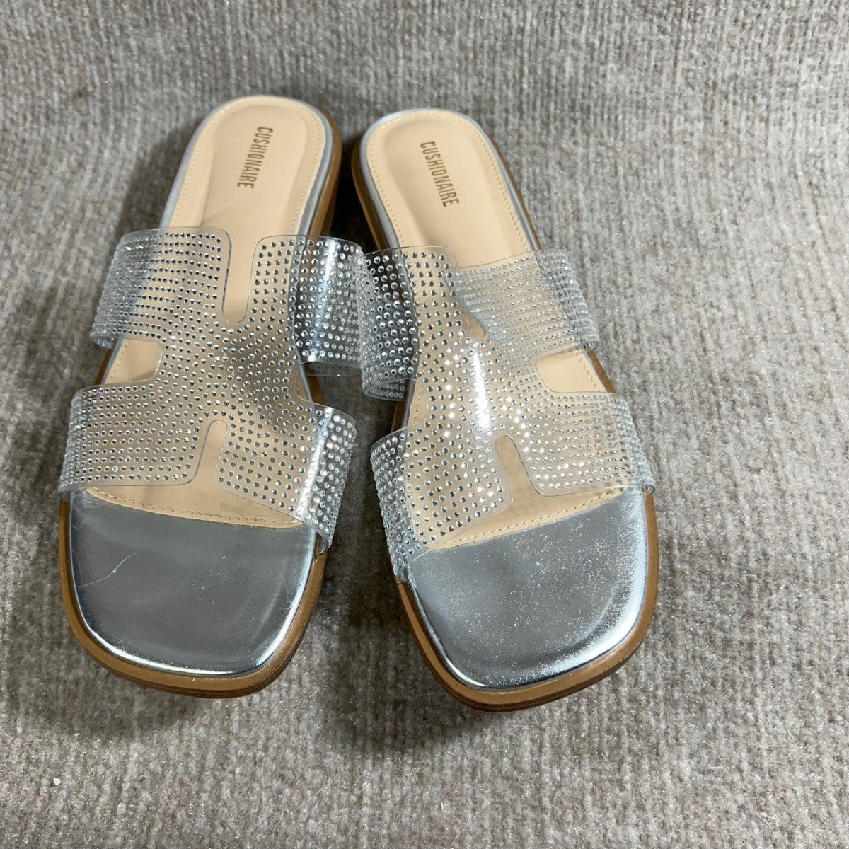 Cushionaire Rhinestone Slide Sandals Clear Silver Square Toe Flats Size 11M