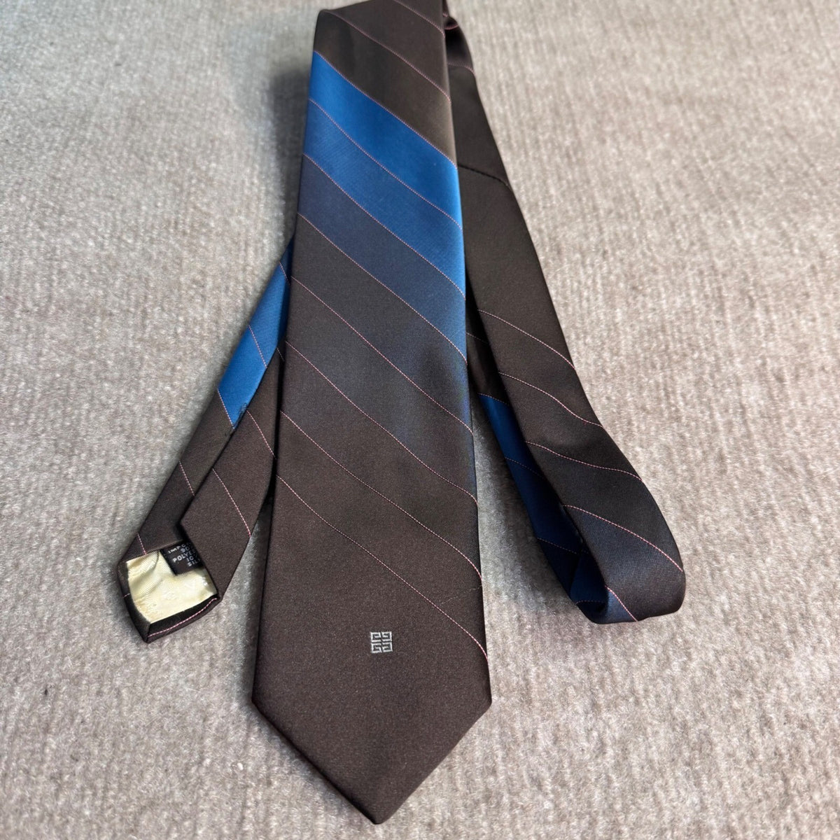 Vintage 90s Givenchy Monsieur Tie Brown Blue Stripe Silk Blend Designer Necktie