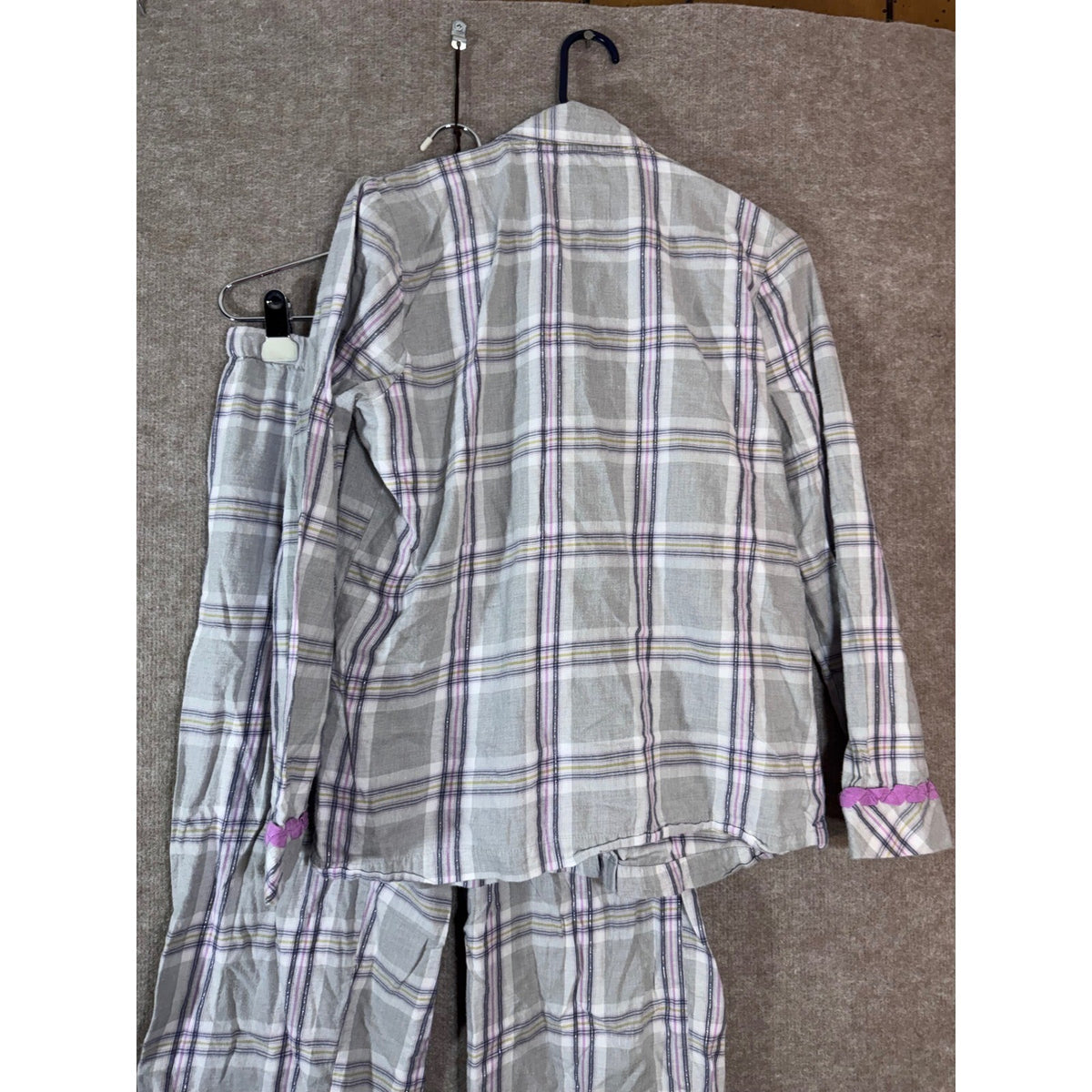 Vintage Victoria's Secret Pajama Set M Gray Plaid Ruffle Trim Cotton Sleepwear