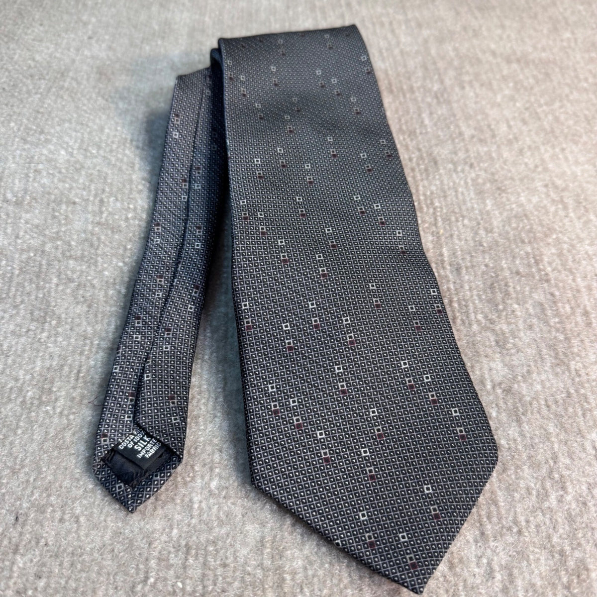 DKNY Silk Necktie Mens OS Gray Geometric Square Pattern Formal Professional
