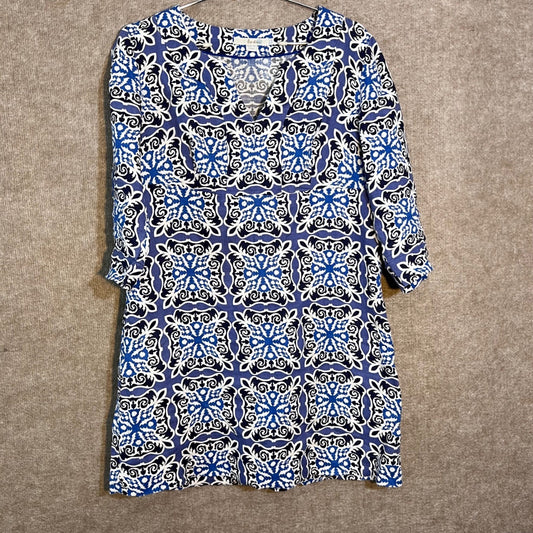 Boden 100% Linen Shift Dress Women US 8P UK 12P Blue White Medallion 3/4 Sleeve