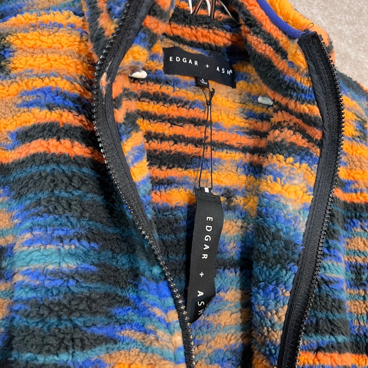 Edgar + Ash Fleece Jacket Mens Small Orange Blue Striped Full Zip Gorpcore