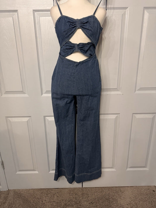 Bebe S2 Double Ruched Front Band Palazzo Denim Jumpsuit Boho Festival Bell Bottm