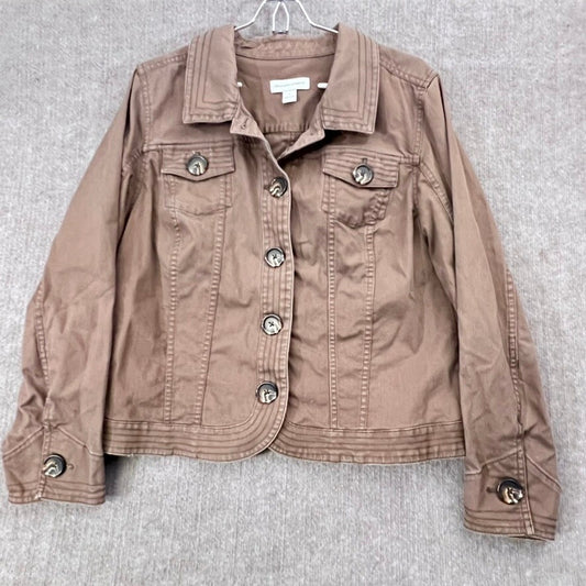 Christopher & Banks L Brown Cotton Blend Stretch Utility Jacket Button Front