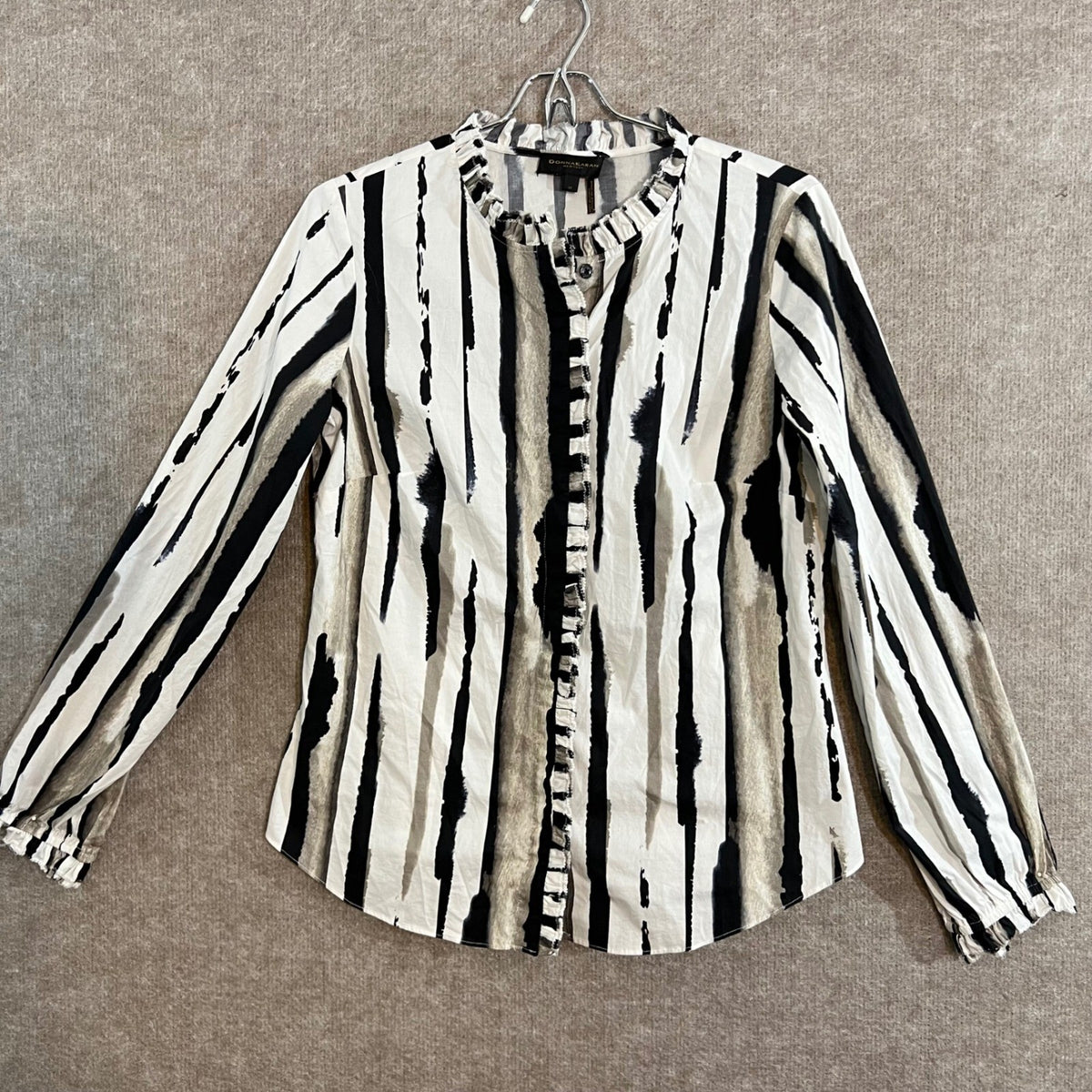 Donna Karan New York Button Down Shirt Womens Medium Abstract Stripe Ruffle