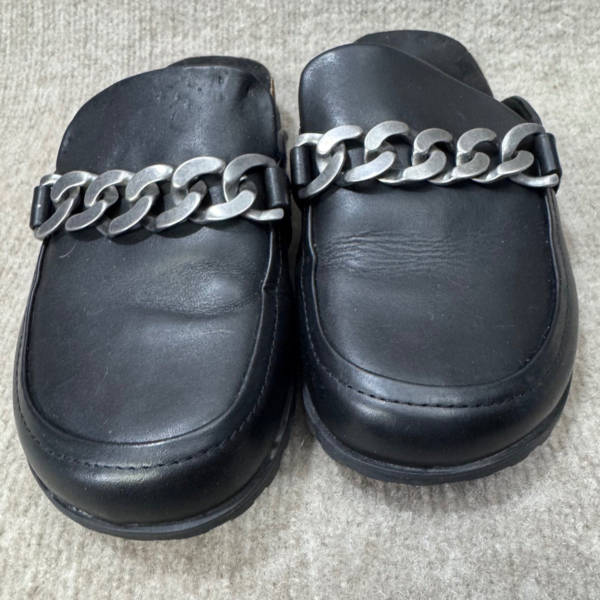 Vionic Black Leather Sz 6 Chain Mules Clogs Slip On Cork Footbed Comfort Shoes
