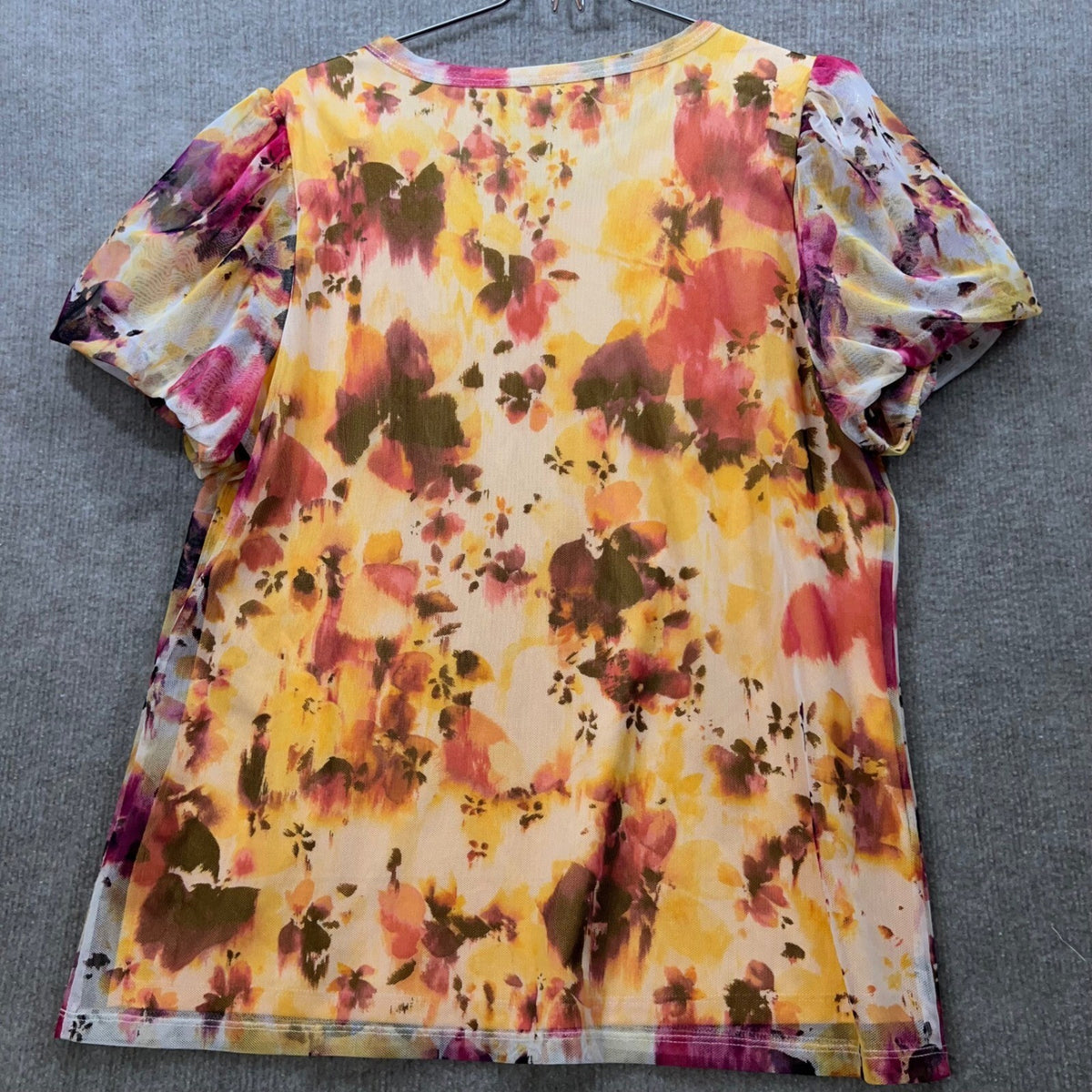 DKNY Floral Mesh Puff Sleeve Top Yellow Pink Orange Size XL